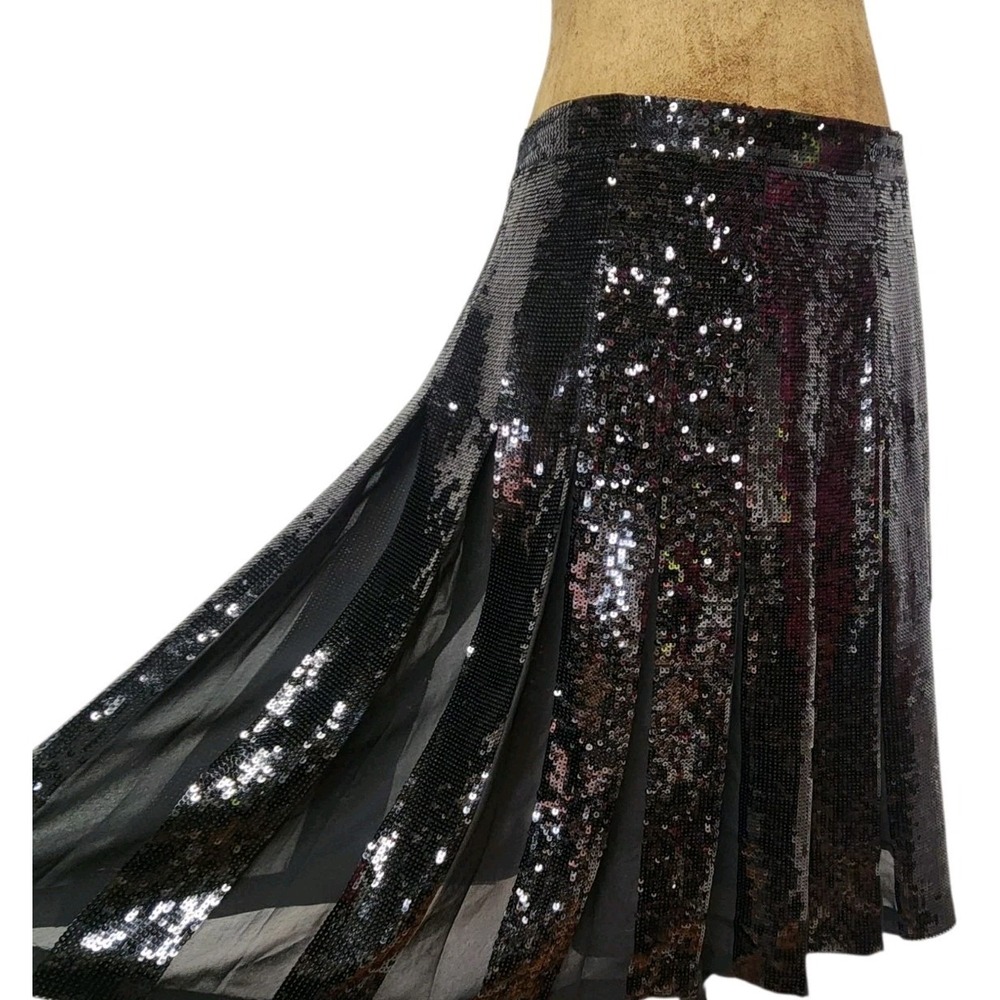BCBG Max Azria Skirt Black Size M Sequin Wet Look Pleated A Line Party Formal